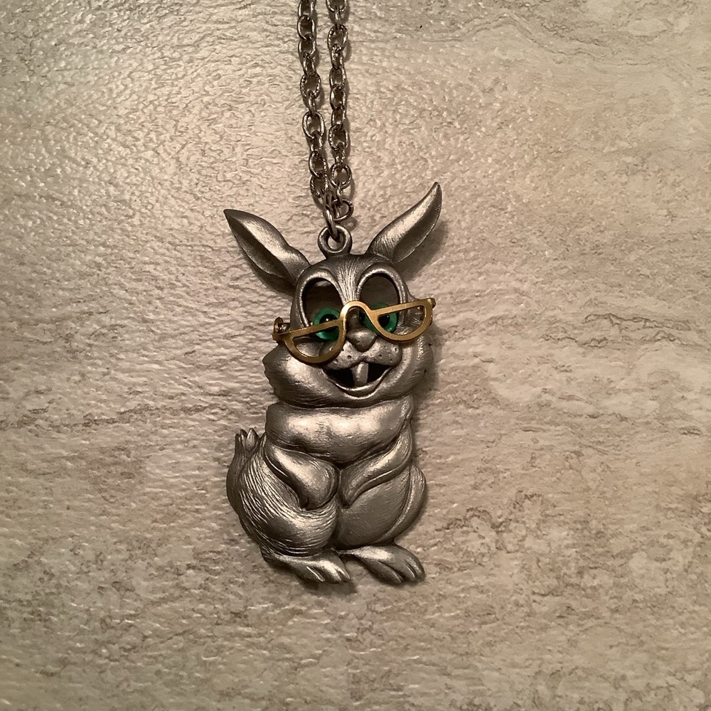 New vintage Pewter bunny Rabbit giant pendant statement necklace